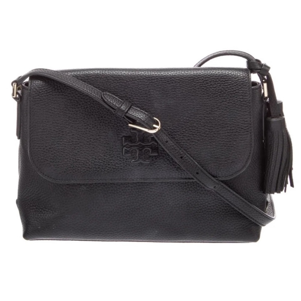 Tory Burch Thea Messenger Pebbled Leather Flap Closure Black Crossbody Bag